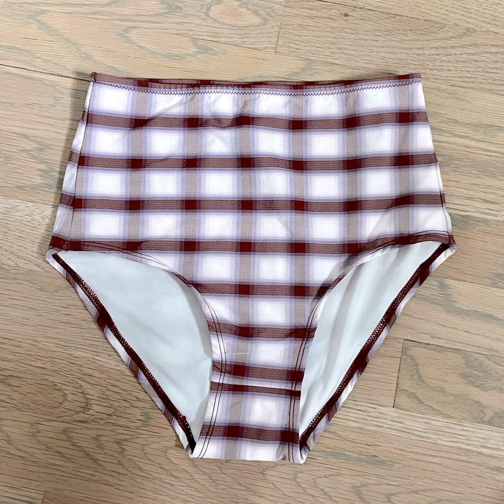 Madewell Second Wave Retro High-Waisted Bikini Bottom in Peralta Plaid. Size XS.